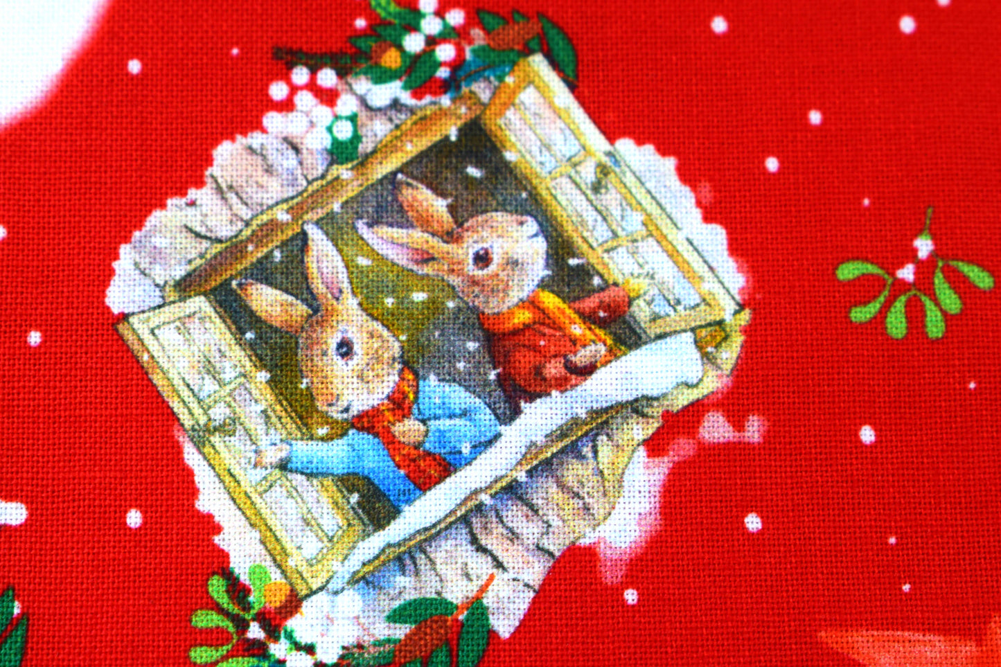 Charming Christmas Peter Rabbit Quilting Fabric in Red Design - Price by the Half Metre
