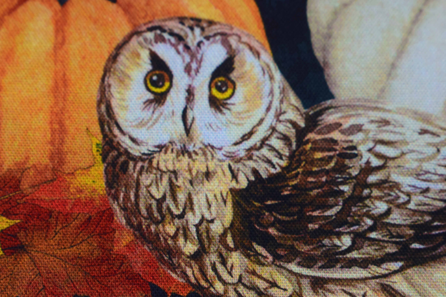 Autumn Owl and Pumpkin Fabric with Fall Leaves, Quilting fabric - Price per half Metre