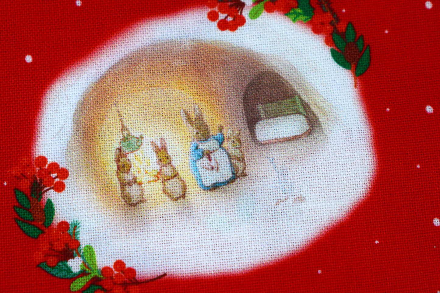 Charming Christmas Peter Rabbit Quilting Fabric in Red Design - Price by the Half Metre