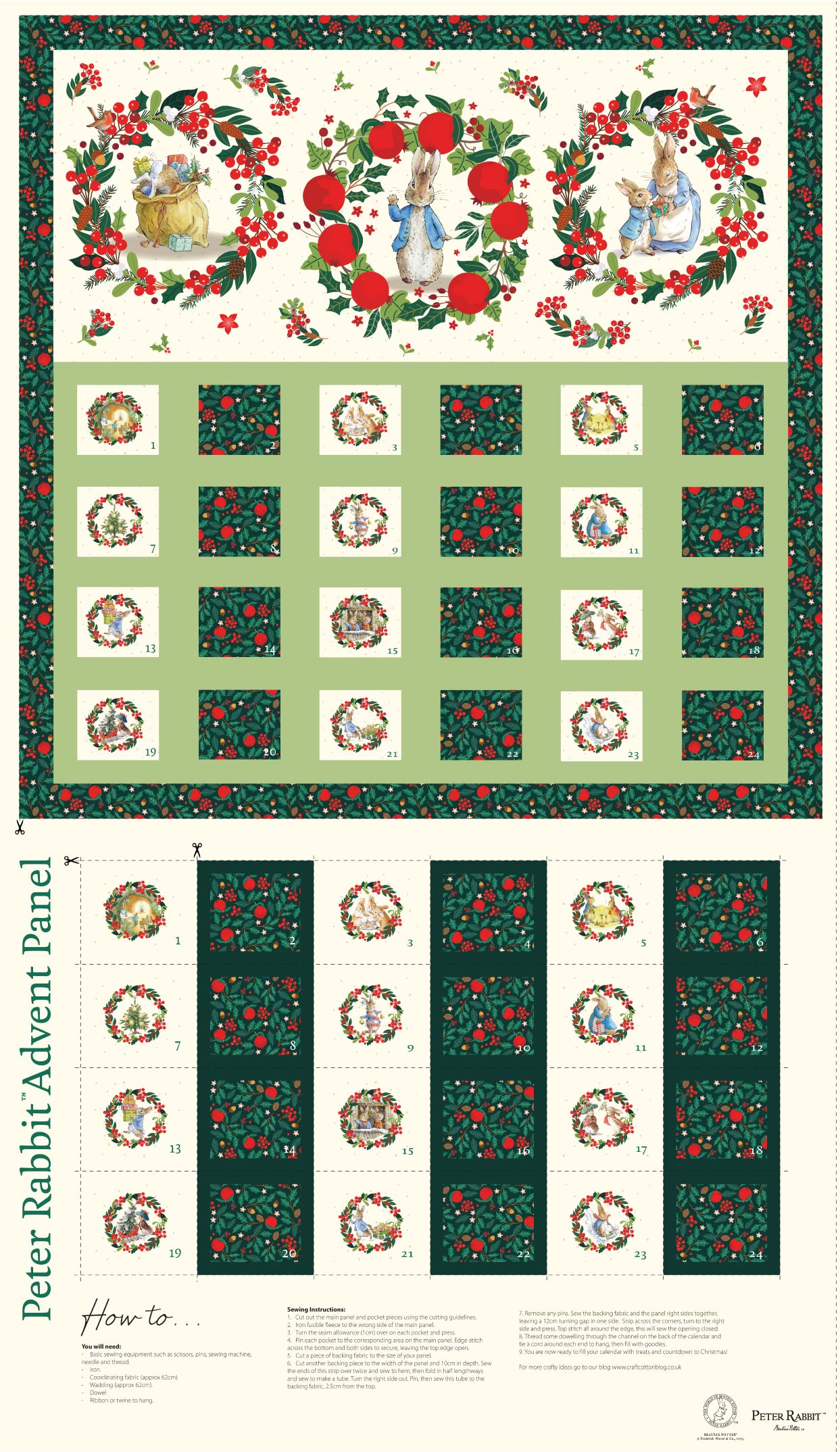 Peter Rabbit fabric advent calendar panel, re-usable advent calendar, Christmas Orchard
