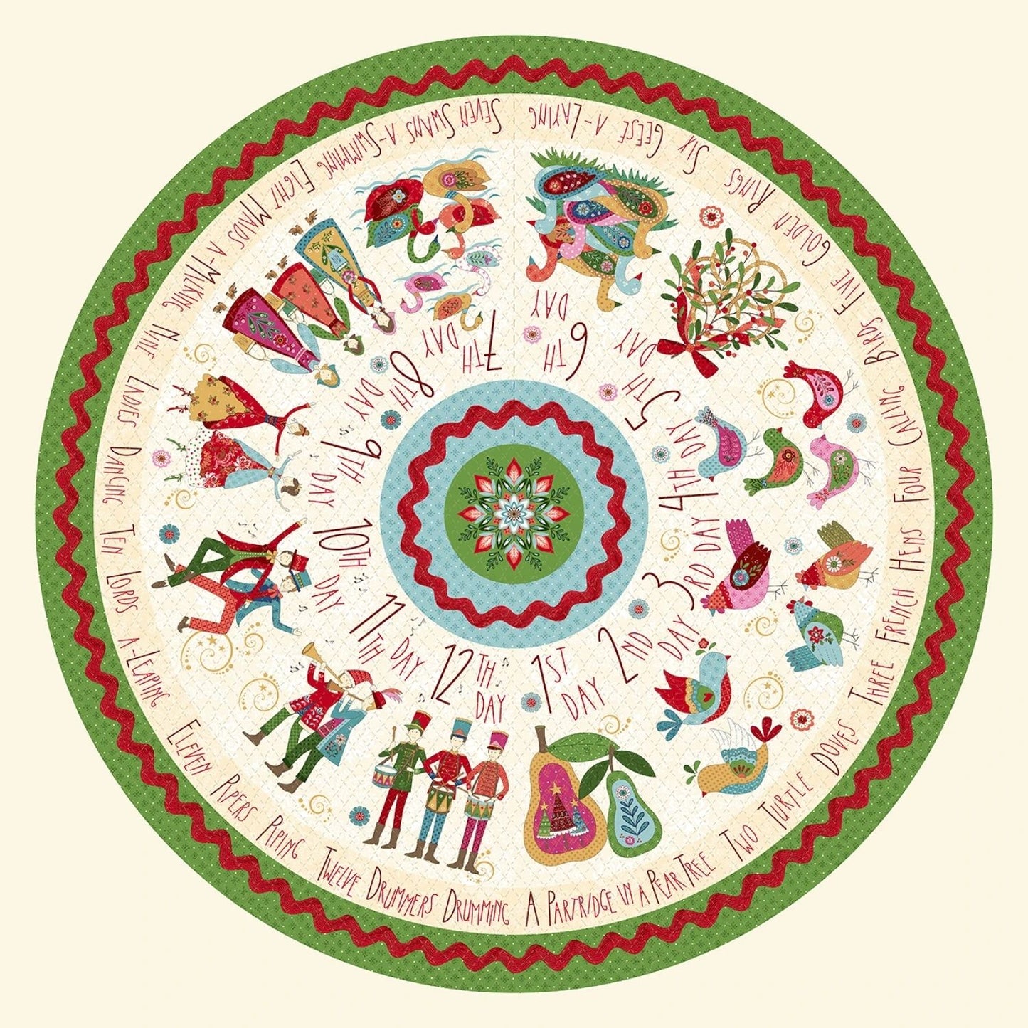 Circular Advent calendar with festive illustrations and text on a white background