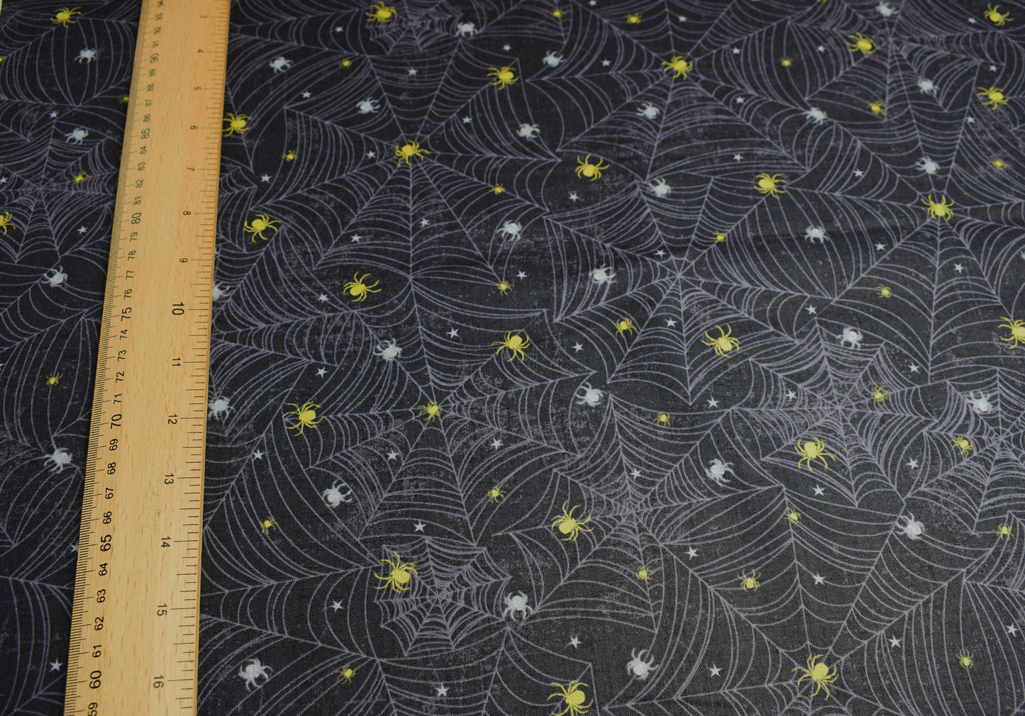 spider fabric, glitter fabric, Halloween fabric, cobweb fabric, Quilting fabric, cotton fabric, yellow spiders, Price by the Half Metre The Quilt Sanctuary