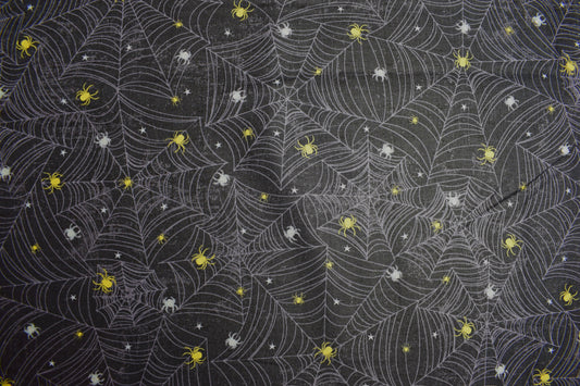 spider fabric, glitter fabric, Halloween fabric, cobweb fabric, Quilting fabric, cotton fabric, yellow spiders, Price by the Half Metre The Quilt Sanctuary