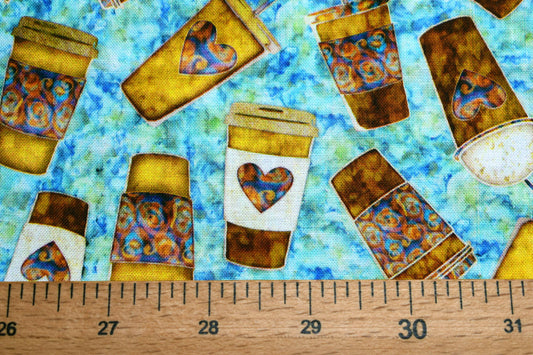 takeway coffee cup fabric, Quilting fabric, cotton fabric, quilting treasures, cafe all day - Price by the Half Metre The Quilt Sanctuary
