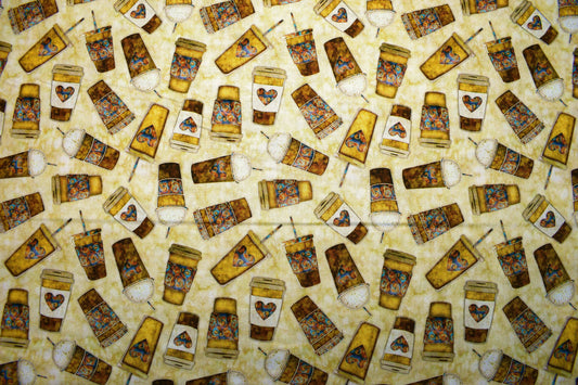 carryout coffee cups fabric, Quilting fabric, cotton fabric, quilting treasures, cafe all day - Price by the Half Metre The Quilt Sanctuary