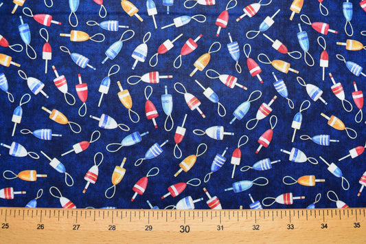 Navy fishing floats fabric, Quilting fabric, Smooth Sailing, price by the half metre The Quilt Sanctuary