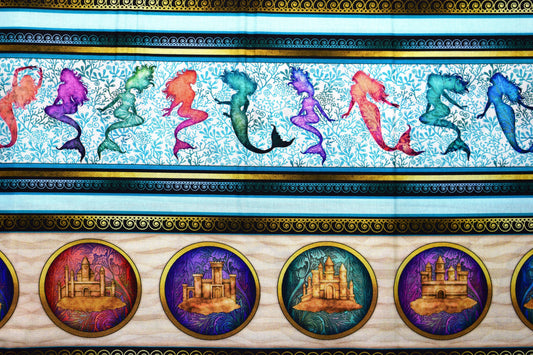 Mermaid border Fabric in blue, Quilting fabric, Sea Serenade, price by the half metre The Quilt Sanctuary