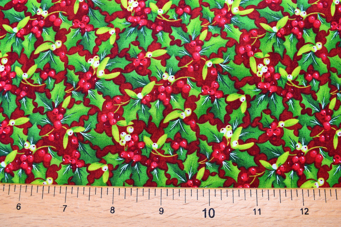 Red holly and mistletoe Christmas fabric - Christmas delivery by Ruth Saunderson - Price by the Half Metre The Quilt Sanctuary
