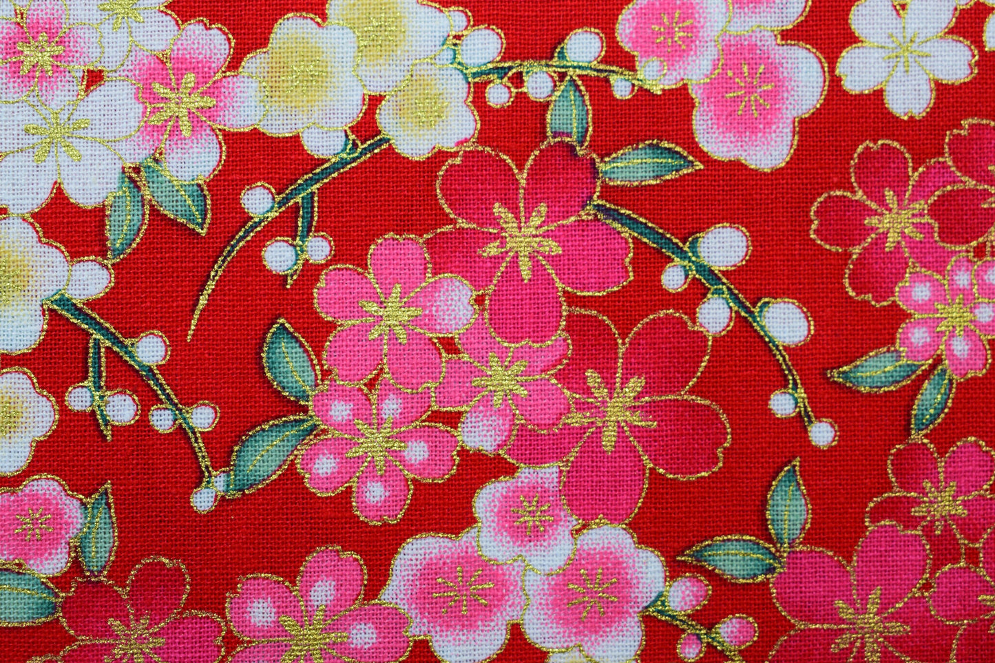 red japanese floral quilting fabric, Cotton Fabric, metallic floral fabric, Price by the Half Metre The Quilt Sanctuary