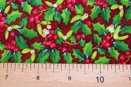 Red holly and mistletoe Christmas fabric - Christmas delivery by Ruth Saunderson - Price by the Half Metre The Quilt Sanctuary