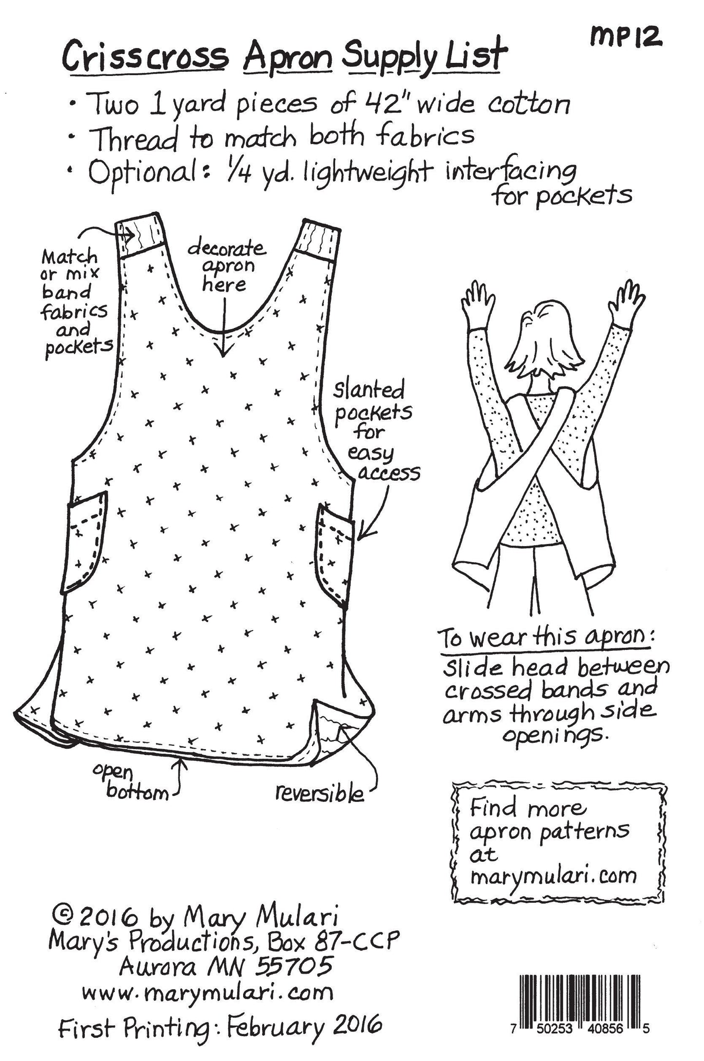 Crisscross apron pattern by Mary Mulari - PATTERN ONLY The Quilt Sanctuary