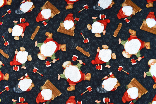 Black Timber gnomes fabric, timber gnomies, Christmas Quilting fabric, price by the half metre The Quilt Sanctuary