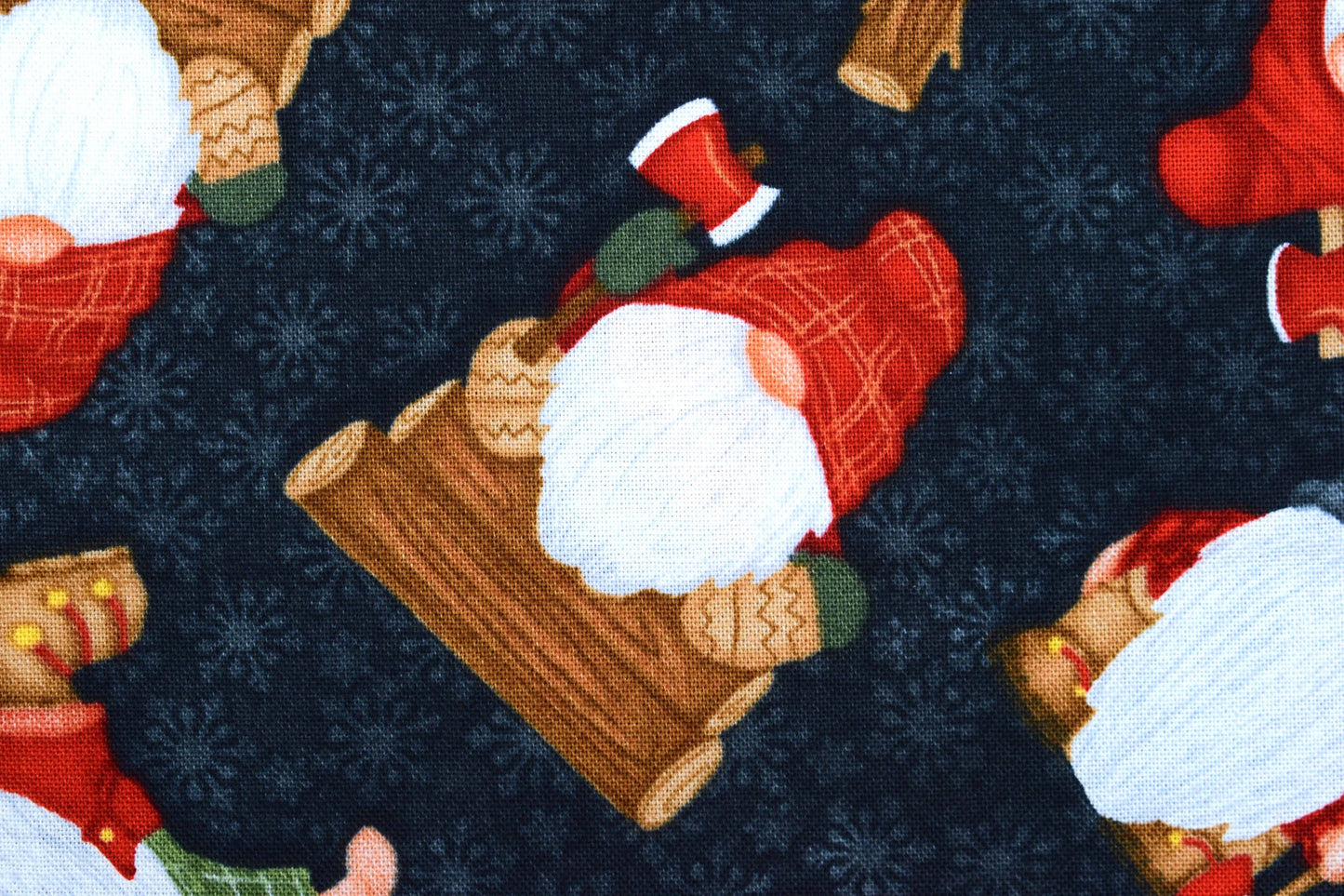Black Timber gnomes fabric, timber gnomies, Christmas Quilting fabric, price by the half metre The Quilt Sanctuary
