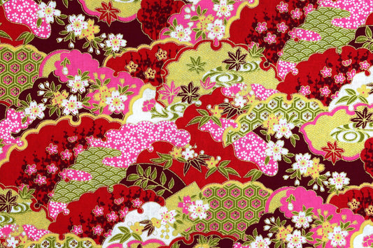 mixed Oriental floral quilting fabric, Cotton Fabric, metallic fabric, Price by the Half Metre The Quilt Sanctuary