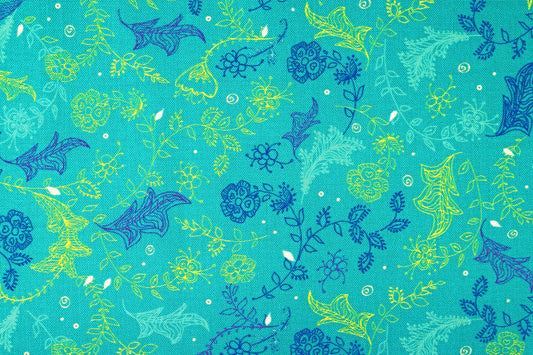 Turquoise floral fabric, Quilting fabric, Dragonfly Dance, price by the half metre The Quilt Sanctuary
