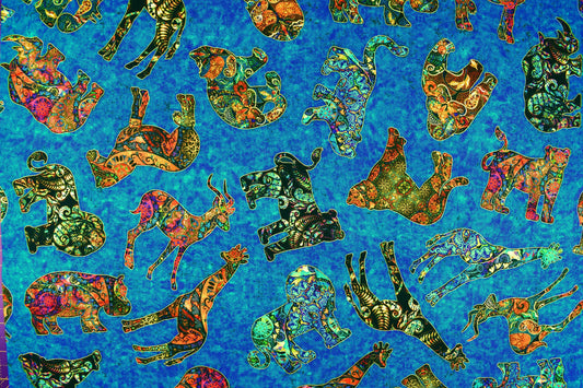 Blue Boho African Animal fabric, Quilting fabric, cotton fabric, quilting treasures, Serengeti, Price by the Half Metre The Quilt Sanctuary