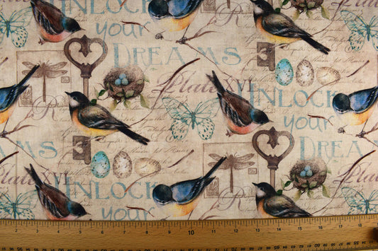 garden bird fabric, Quilting fabric, Keys to the Garden - Price by the Half Metre The Quilt Sanctuary