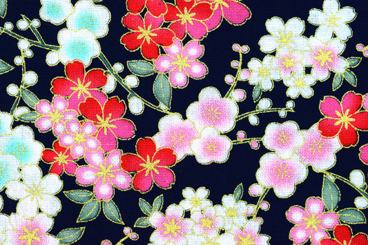 Black japanese floral quilting fabric, Cotton Fabric, metallic floral fabric, Price by the Half Metre The Quilt Sanctuary