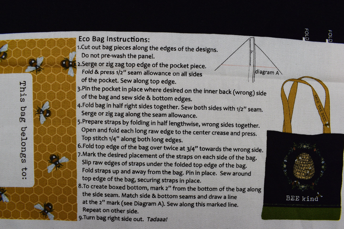 Bee Kind tote bag, craft panel, sewing kit - NOT READY MADE The Quilt Sanctuary