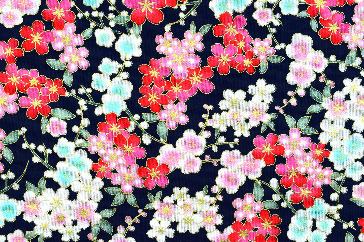 Black japanese floral quilting fabric, Cotton Fabric, metallic floral fabric, Price by the Half Metre The Quilt Sanctuary