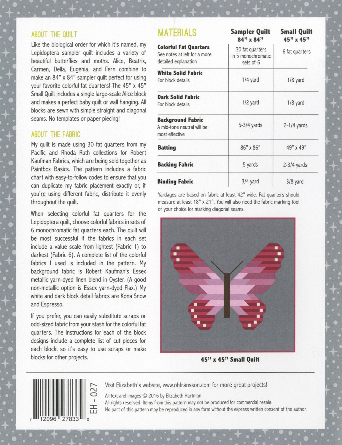 Butterfly Quilting pattern by Elizabeth Hartman, Lepidoptera - PATTERN ONLY The Quilt Sanctuary