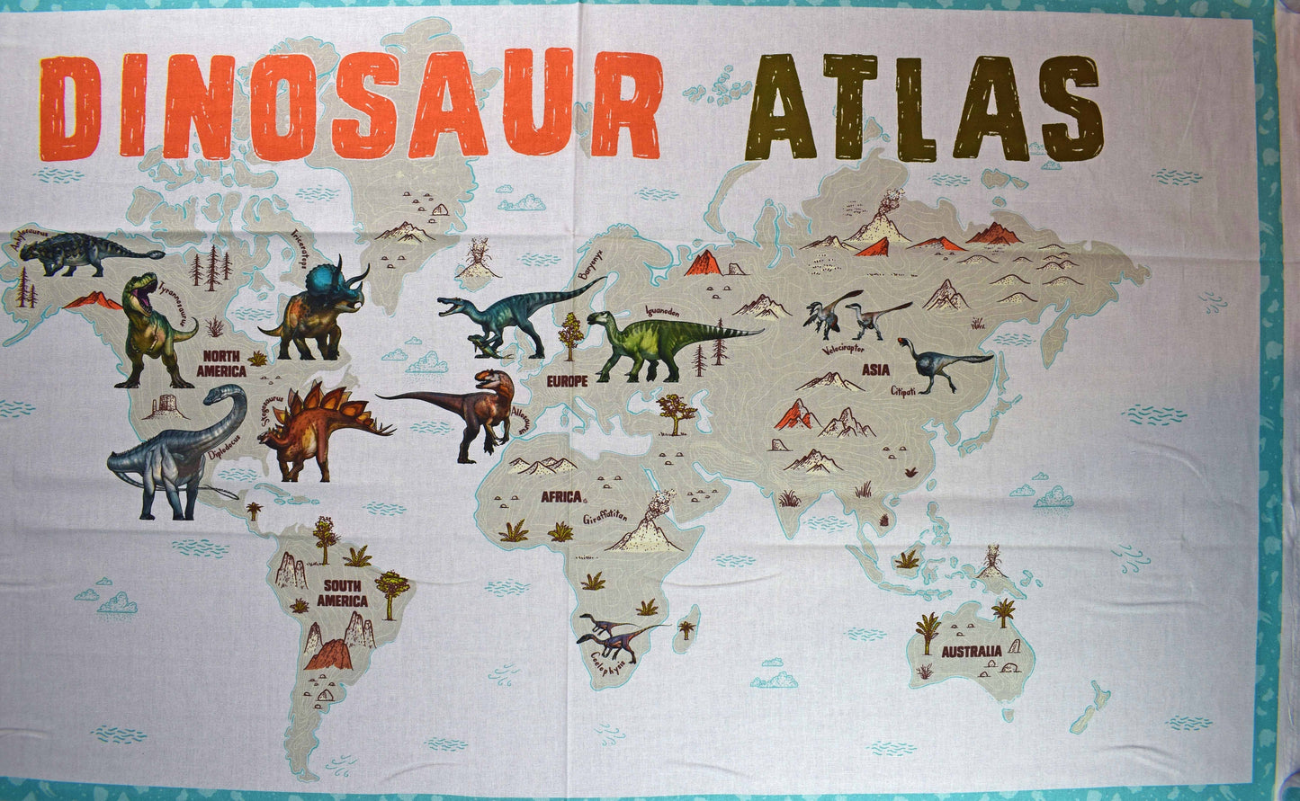Dinosaur Atlas fabric panel, Natural history Museum, Quilting fabric The Quilt Sanctuary