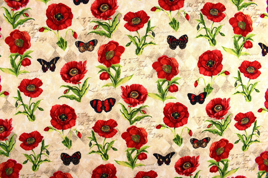 poppy and butterfly fabric, poppies quilting fabric - Price by the Half Metre The Quilt Sanctuary