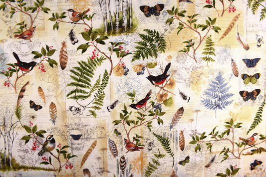 Birds and Butterflies fabric, woodland scenes, Quilting fabric, cotton fabric, Forest study - Price by the Half Metre The Quilt Sanctuary