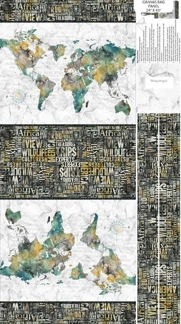 World Map tote bag, craft panel, sewing kit - NOT READY MADE The Quilt Sanctuary