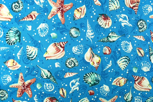 Blue starfish and Shell Fabric, cotton quilting fabric, Sunset Coast - Price by the Half Metre The Quilt Sanctuary