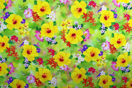 Hibiscus fabric, yellow floral fabric, quilting fabric, cotton fabric, wildflower farm - Price by the Half Metre The Quilt Sanctuary