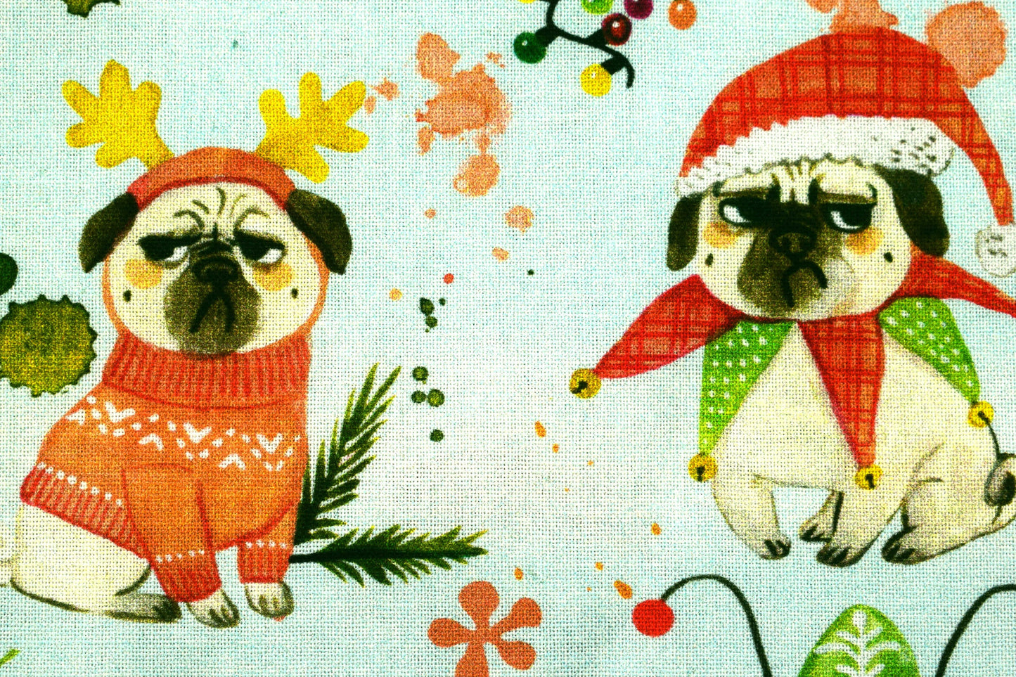 Pug christmas fabric, dog fabric, grumpy Christmas dogs - Price by the Half Metre The Quilt Sanctuary