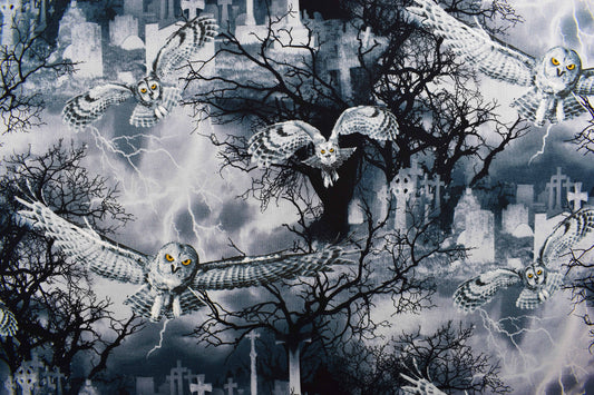 Owl fabric, graveyard fabric, Gothic horror fabric, Quilting fabric, cotton fabric, Wicked Fog - Price per half Metre The Quilt Sanctuary