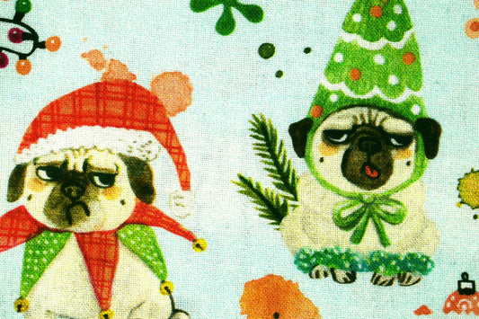 Pug christmas fabric, dog fabric, grumpy Christmas dogs - Price by the Half Metre The Quilt Sanctuary