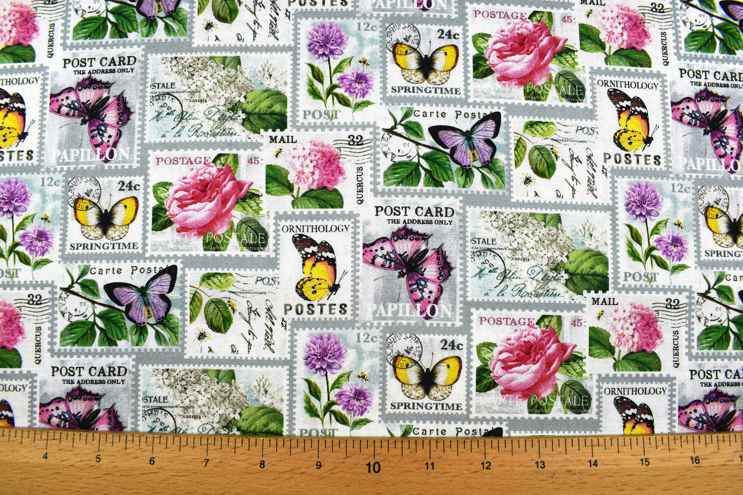 Butterfly stamps fabric, quilting fabric, Scented Garden by Deborah Edwards, Price by the Half Metre The Quilt Sanctuary