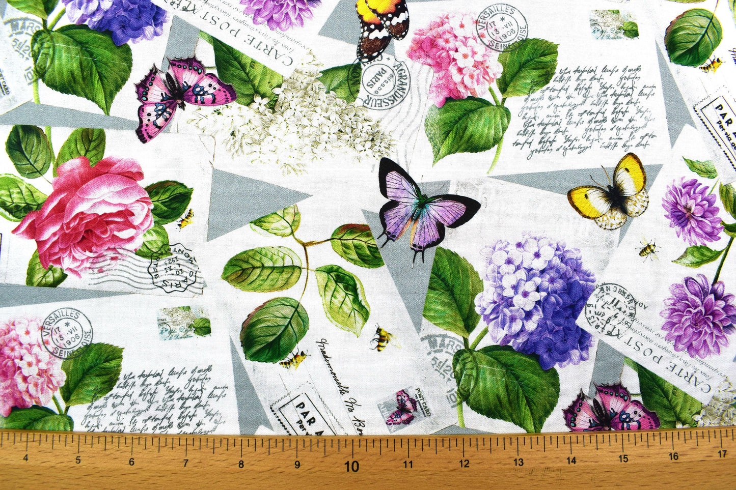 Postcard fabric, quilting fabric, Scented Garden by Deborah Edwards, Price by the Half Metre The Quilt Sanctuary