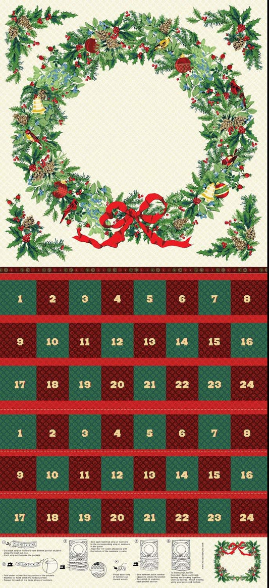 Wreath fabric advent calendar panel, reusable advent calendar, Maywood Studios The Quilt Sanctuary