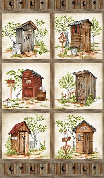 Outside Toilet fabric panel, Quilting panel, Natures calling, Northcott Fabrics The Quilt Sanctuary