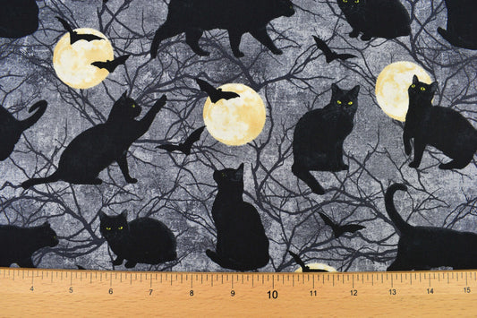 Black cat fabric, Halloween fabric, Gothic horror fabric, Quilting fabric, cotton fabric, Black Cat Capers - Price per half Metre The Quilt Sanctuary
