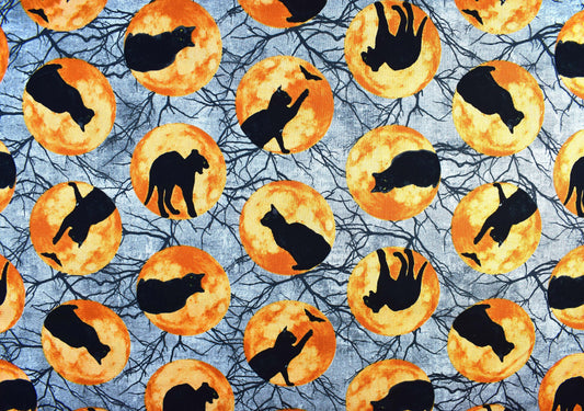 Cat and moon fabric, Halloween fabric, Gothic horror fabric, Quilting fabric, cotton fabric, Black Cat Capers - Price per half Metre The Quilt Sanctuary