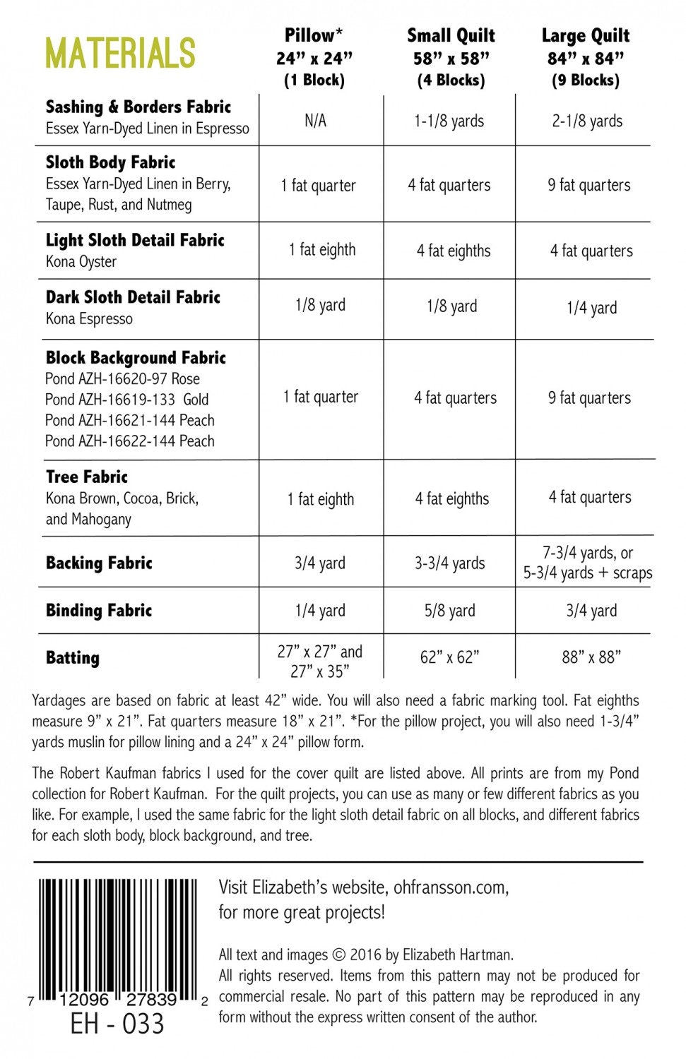 Sleepy Sloth Quilting pattern by Elizabeth Hartman - PATTERN ONLY The Quilt Sanctuary