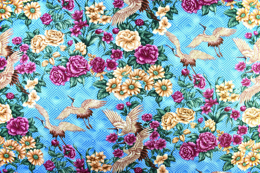 Blue Japanese crane fabric, oriental cotton quilting fabric, Quilting fabric - Price by the Half Metre The Quilt Sanctuary