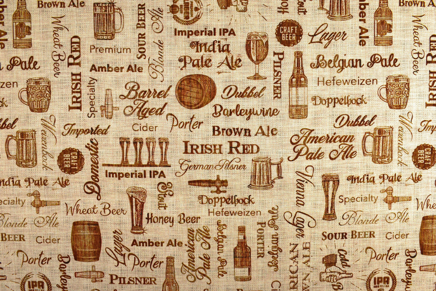 Beer fabric, Types of Beer, Quilting fabric, cotton fabric, quilting treasures, On Tap - Price by the Half Metre The Quilt Sanctuary