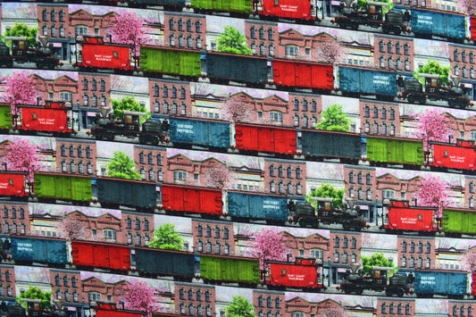 Steam train fabric, Quilting fabric, cotton fabric, Railroad fabric, Spring Steam - Price by the Half Metre The Quilt Sanctuary