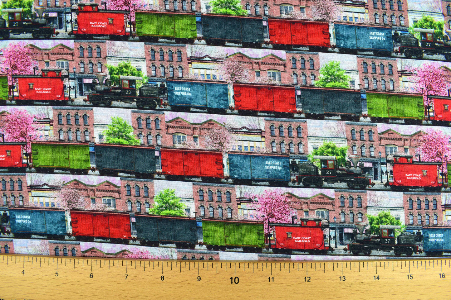 Steam train fabric, Quilting fabric, cotton fabric, Railroad fabric, Spring Steam - Price by the Half Metre The Quilt Sanctuary