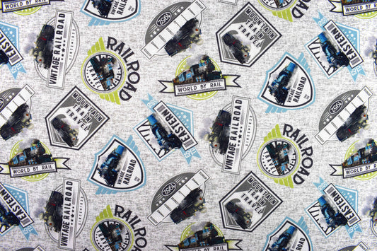Railroad fabric, Quilting fabric, cotton fabric, train badges, Spring Steam - Price by the Half Metre The Quilt Sanctuary