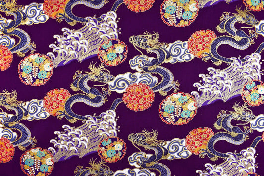 Japanese Dragons, Waves & Orbs Metallic Quilting fabric 100% Cotton, 58" (147cm) Wide - Price by the Half Metre The Quilt Sanctuary
