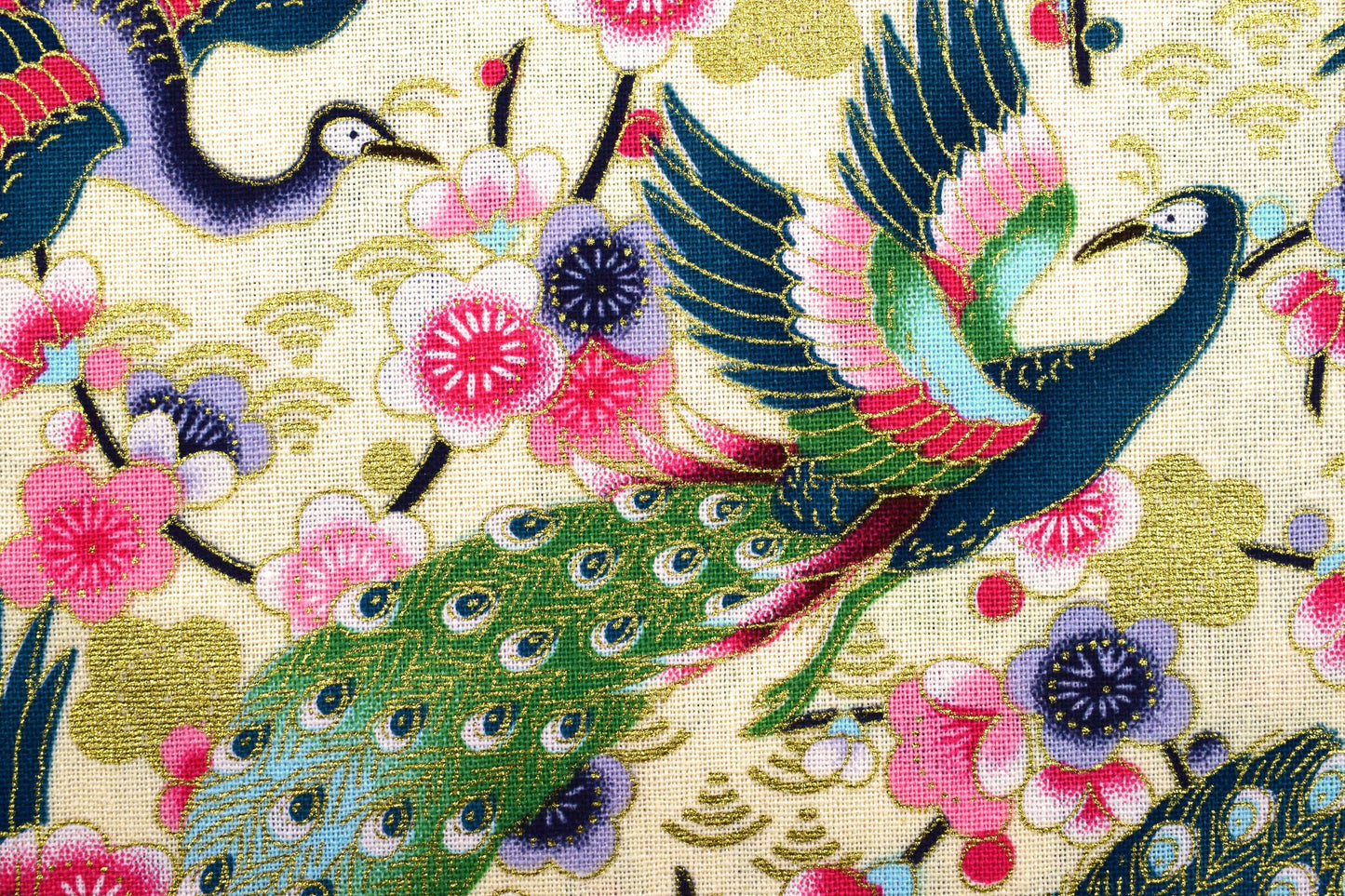 Japanese Flying Peacock Metallic cotton, quilting fabric - Price by the Half Metre The Quilt Sanctuary