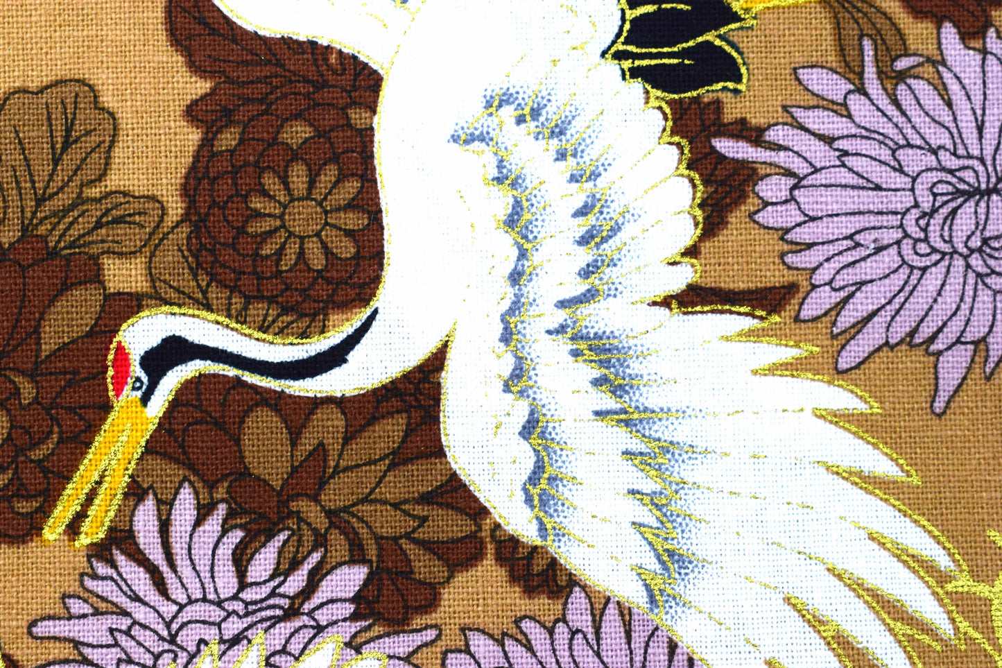Brown Japanese Cranes & Chrysanthemums Metallic fabric, 100% Cotton, 58" (147cm) Wide quilting fabric - Price by the Half Metre The Quilt Sanctuary