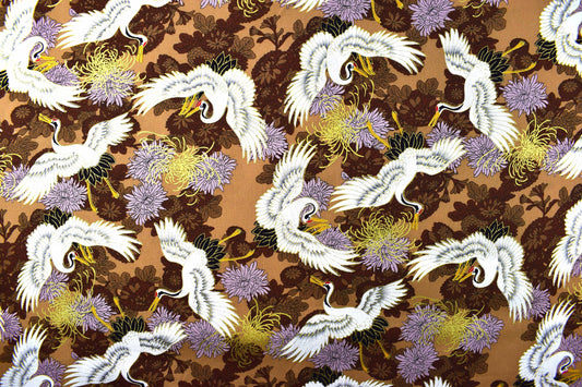 Brown Japanese Cranes & Chrysanthemums Metallic fabric, 100% Cotton, 58" (147cm) Wide quilting fabric - Price by the Half Metre The Quilt Sanctuary